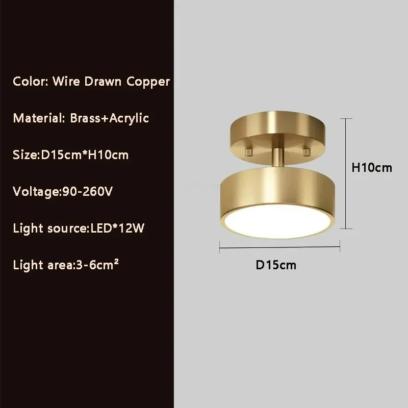 Copper Nordic Ceiling Light Simple Entrance Hallway Aisle Lamp Simple Round Cloakroom Bacony Lighting LED Ceiling Lamps Lustre