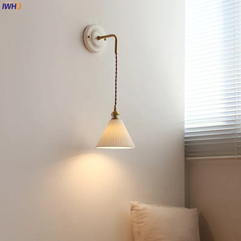 Nordic Modern Copper LED Wall Light Fixtures Ceramic Canopy Lampshade Bedroom Living Room Beside Lamp Applique Murale