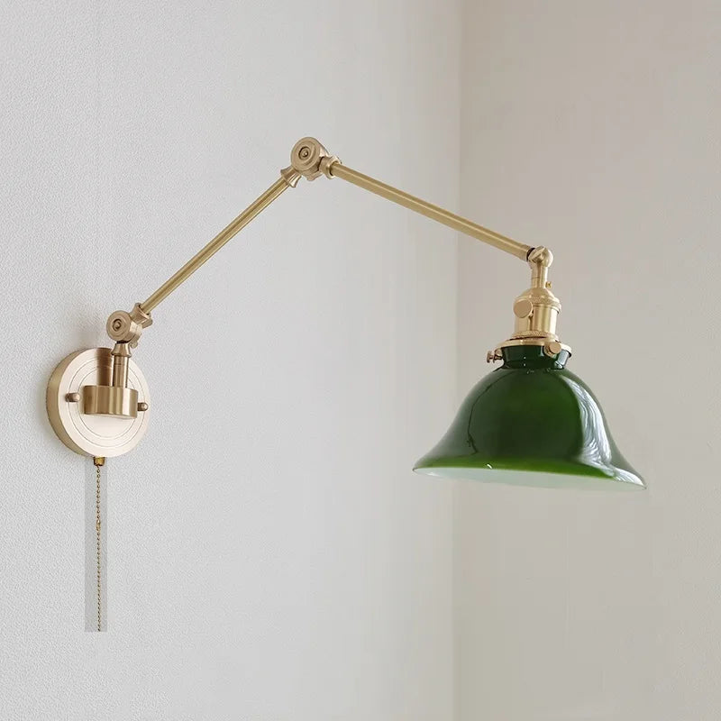 Left And Right Rotate Copper Wall Lamp Beisde Swing Long Arm Green White Lampshade Nordic Modern Wandlamp Lighting