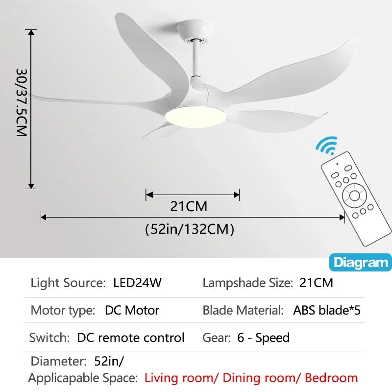 52Inch 5ABS Blade Ceiling fan with LED light and Remote Control Lamps for room fan with ceiling light home fan Used for bedroom