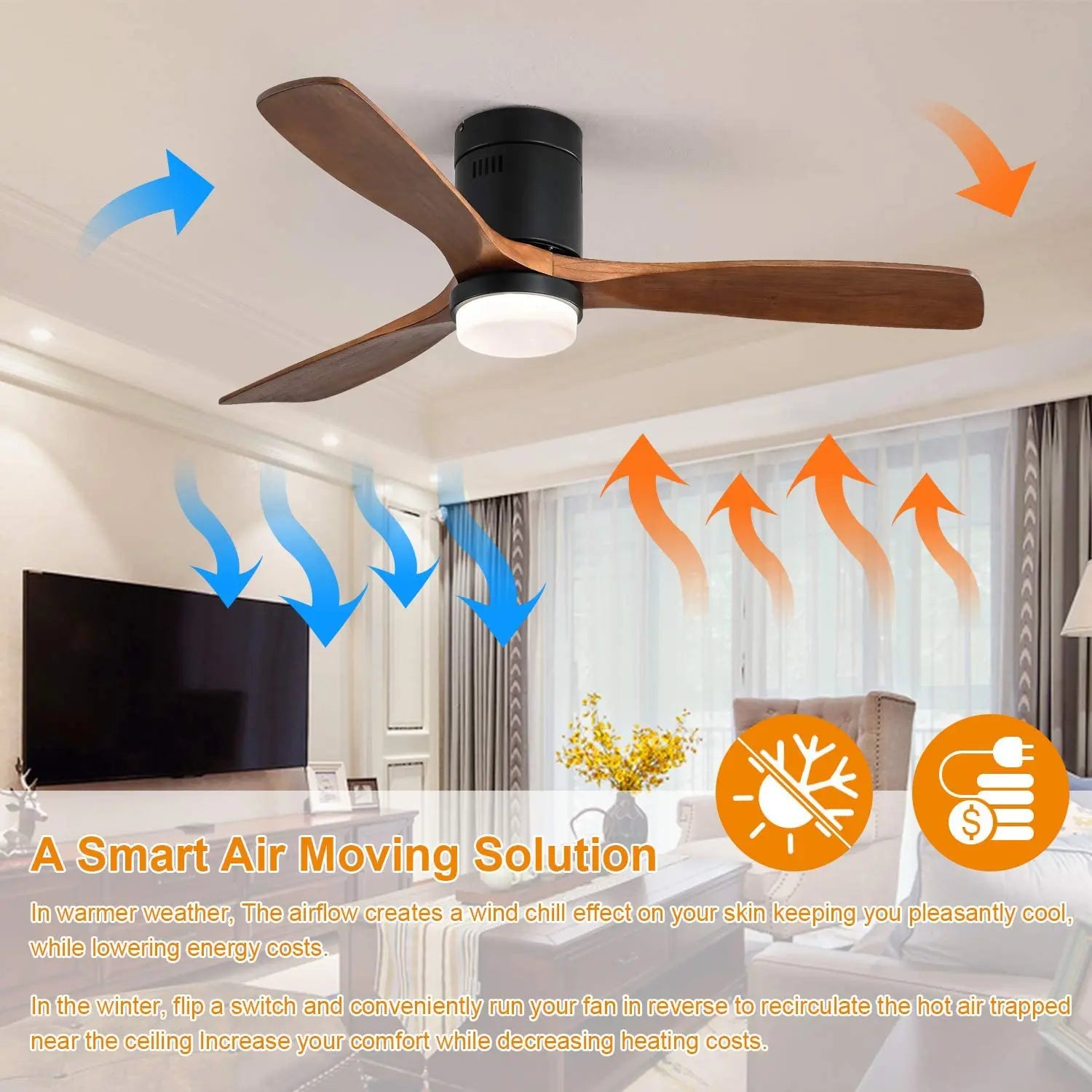 Ceiling Fan with Light Low Profile Ceiling Fan with Remote Control 52'' indoor DC Ceiling Fan 3 Walnut Wood Blades Noiseless