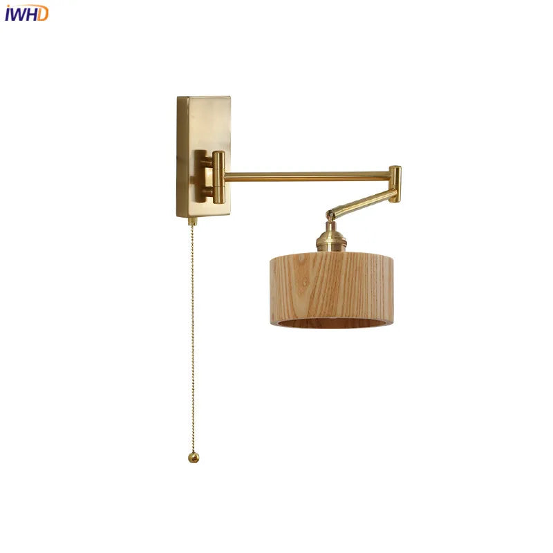 Left Right Rotate LED Wall Lamp Sconce Pull Chain Switch Bedroom Bathroom Mirror Stair Light Wooden Lampshade Wandlamp