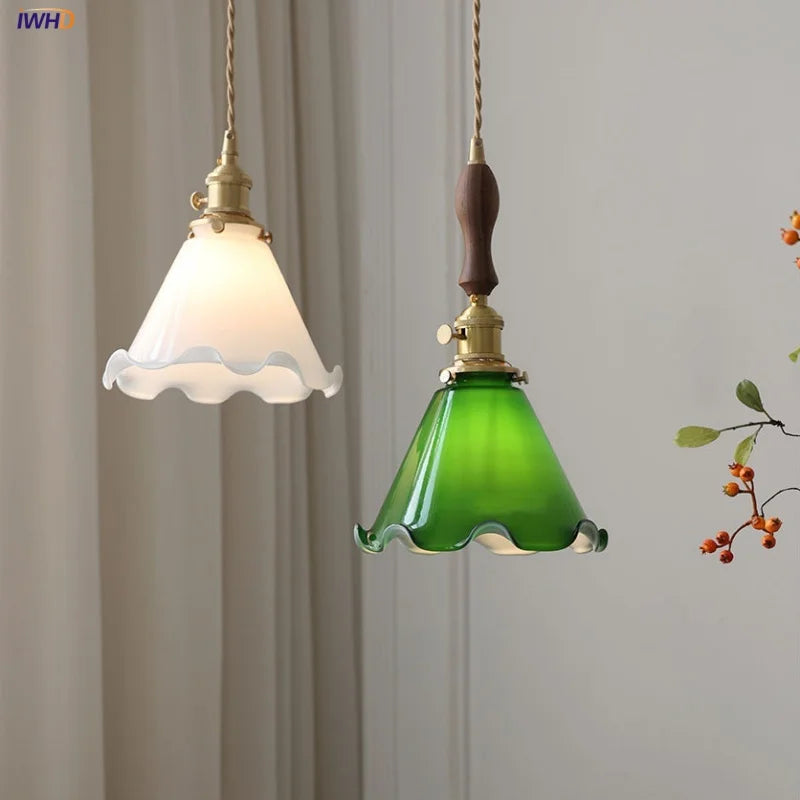 Walnut Wood LED Pendant Light Fixture Bar Coffee Living Dining Room Lights Glass Brass Knob Switch Adjustable Hanging Lamp