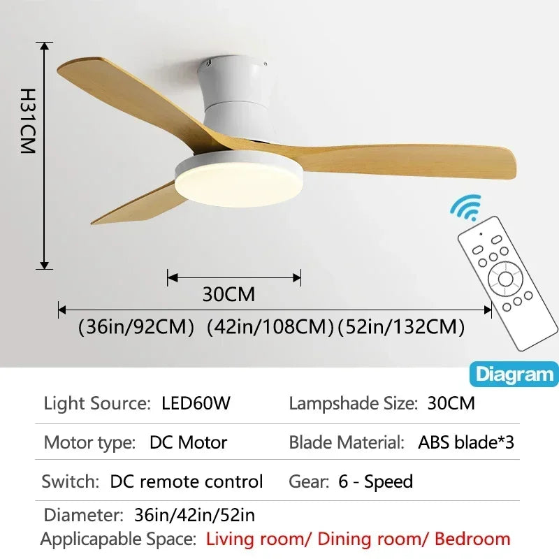 52 inch Low Floor Ceiling Fan 3 ABS Blade Ceiling Fan with Light And Remote Control Indoor Restaurant Electric Fan 110V 220V