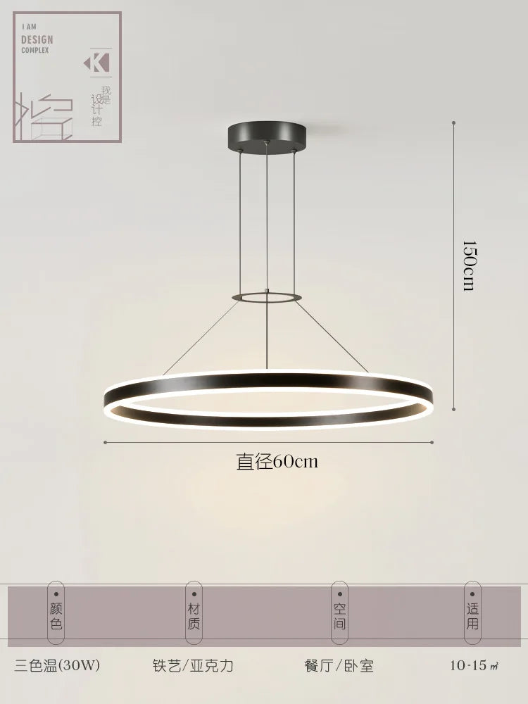 Minimalist Led Pendant Lamp For Modern Living Room Bedroom Dining Kitchen Black Ring Hanging Ceiling Chandelier Lighting Fixture