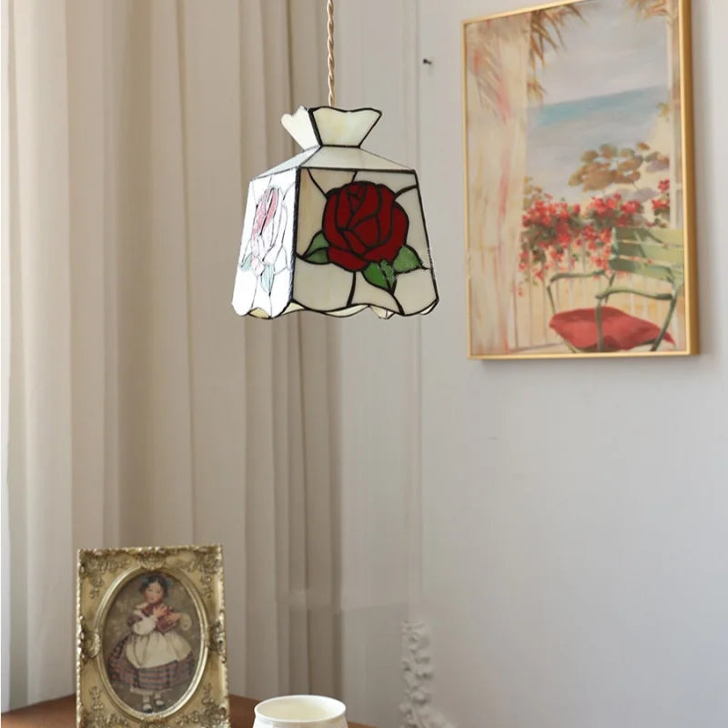 Rose Flower Glass LED Pendant Lamp Restaurant Kitchen Bedside Vintage Loft Style Brass E27 Adjustable Hanging Light Fixture