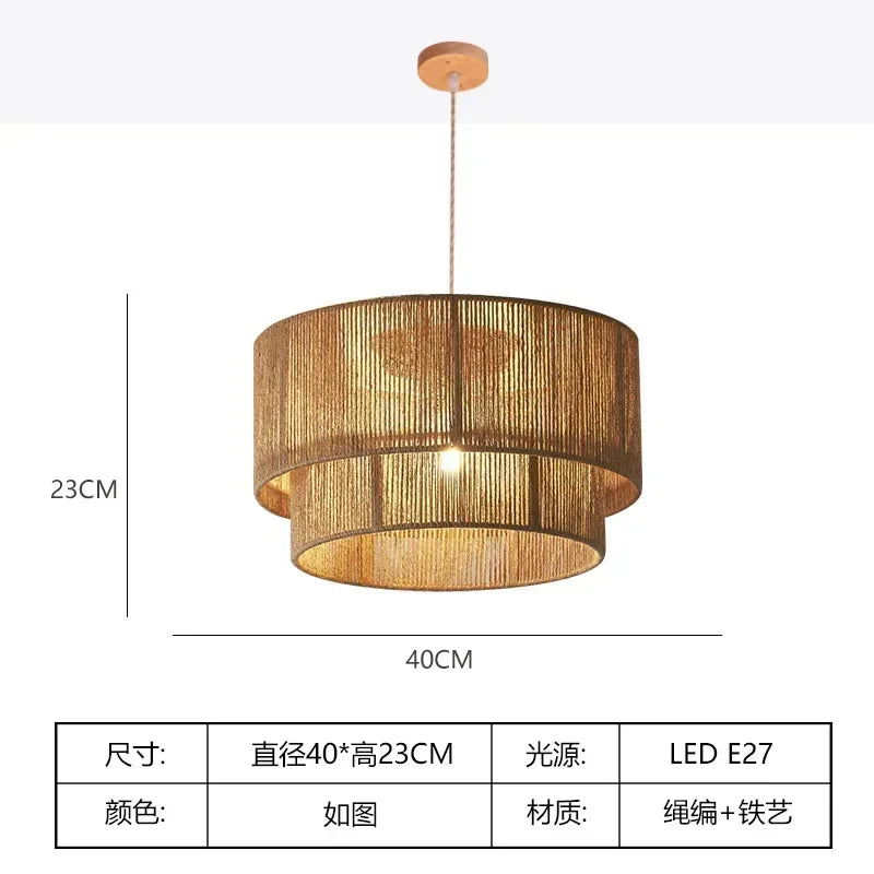 Retro Handmade Rattan Chandelier Hemp rope Woven Ceiling lamp for Bedroom Living room Country Style Decoration Ceiling light