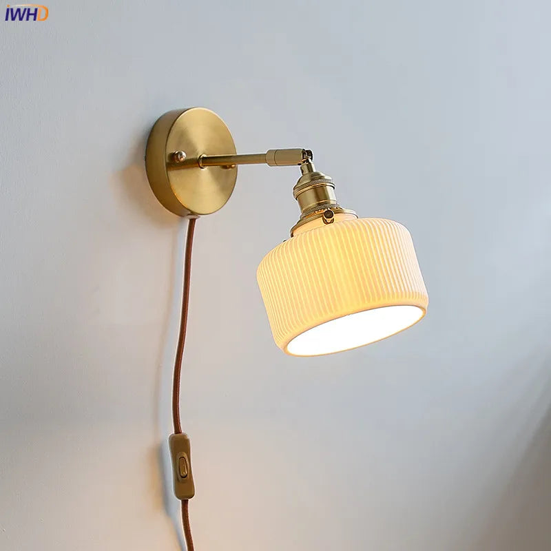 Plug In Switch LED Wall Sconce Light Fixtures Ceramic Lampshade Iron Arm adjustable Living Room Beside Lamp Applique Murale