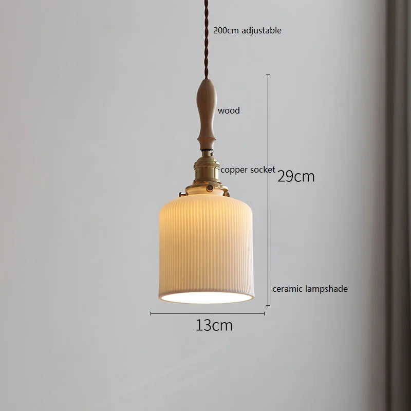 Wood Hangle Copper LED Pendant Lights Fixtures Cereamic Lampshade Bar Coffe Bedroom Stair Modern Hanging Lamp Home Decor