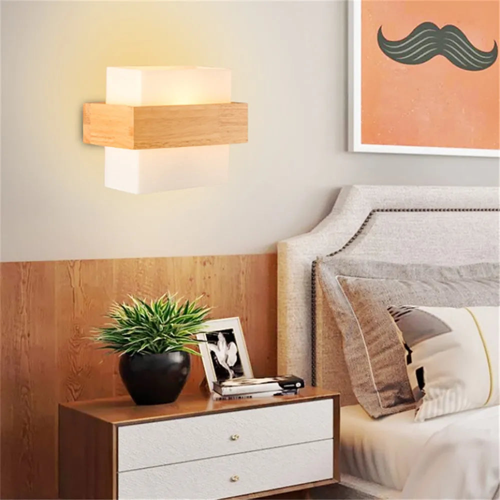 Modern Wall Lamp Japaniese Style Bedside Wood Glass Lampshade Bedroom Sconce for Aisle Corridor Restaurant Background Wall Light