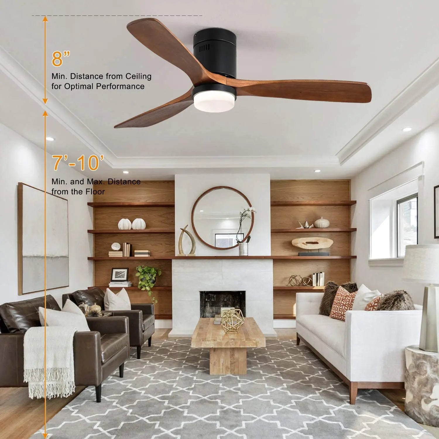 Ceiling Fan with Light Low Profile Ceiling Fan with Remote Control 52'' indoor DC Ceiling Fan 3 Walnut Wood Blades Noiseless