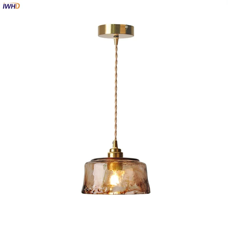 Loft Style LED Pendant Lamp Balcony Dining Room Kitchen Light Amber Glass Wire Adjustable Copper Hanging Lights Hanglampen