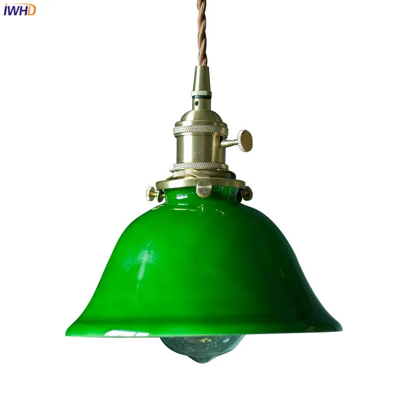 Vintage Green Glass LED Pendant lights Fixtures Japanese America Style Copper Socket Coffe Restaurant Hanging Lamp