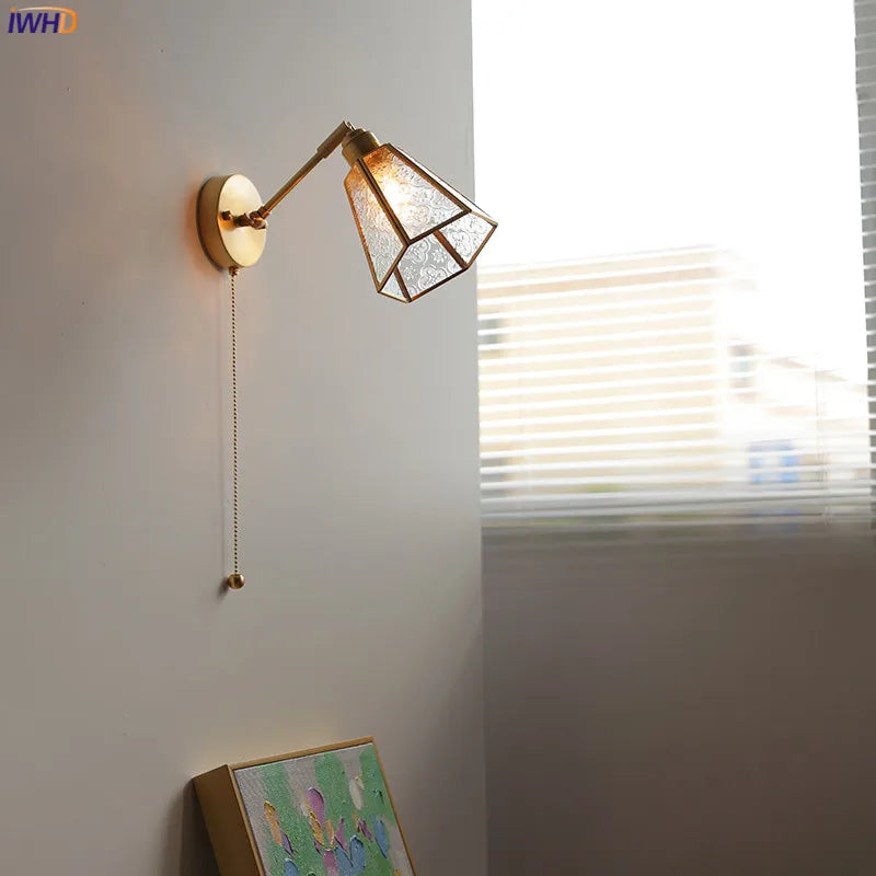 Pull Chain Switch LED Wall Light Sconce Glass Lampshade Copper Arm Adjustable Bedroom Living Room Beside Lamp Wandlamp