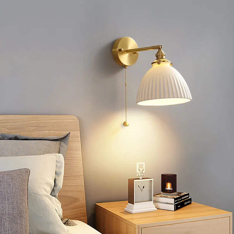 Nordic Ceramic LED Wall Light Fixtures Pull Chain Switch E14 Socket Copper Modern Beside Lamp Sconce Home Lighting Wandlamp