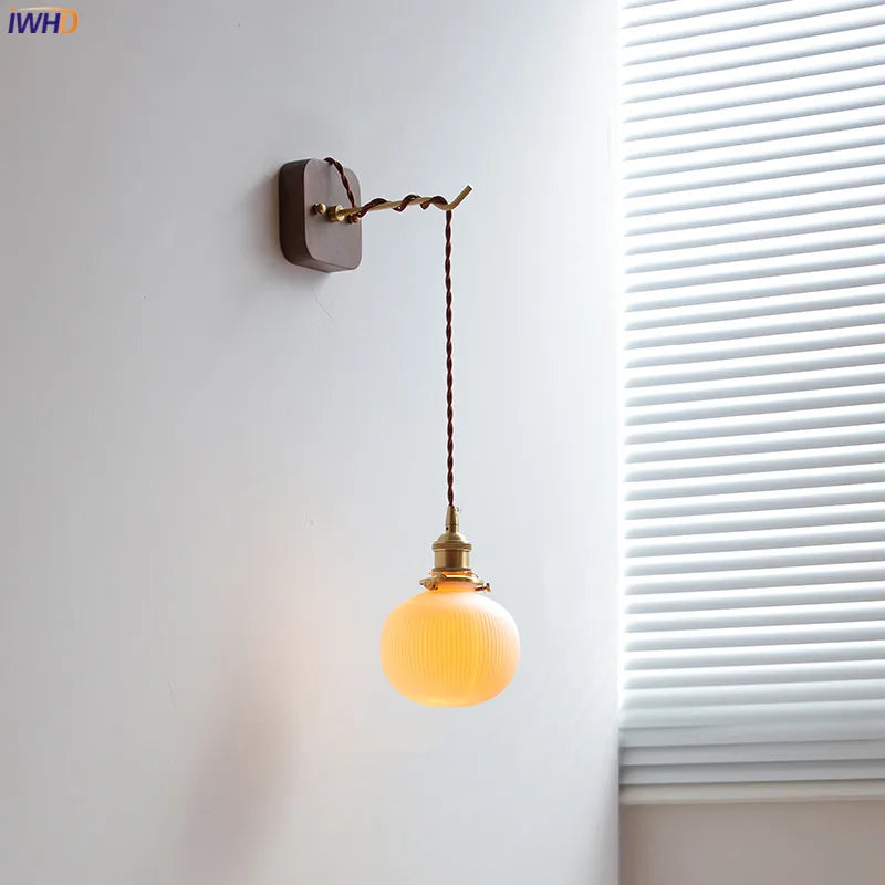 Ceramic Ball LED Wall Lights Fixtures Pull Chain Switch Plug In Walnut Canopy Copper Wandlamp Bathroom Bedroom Beside Lamp