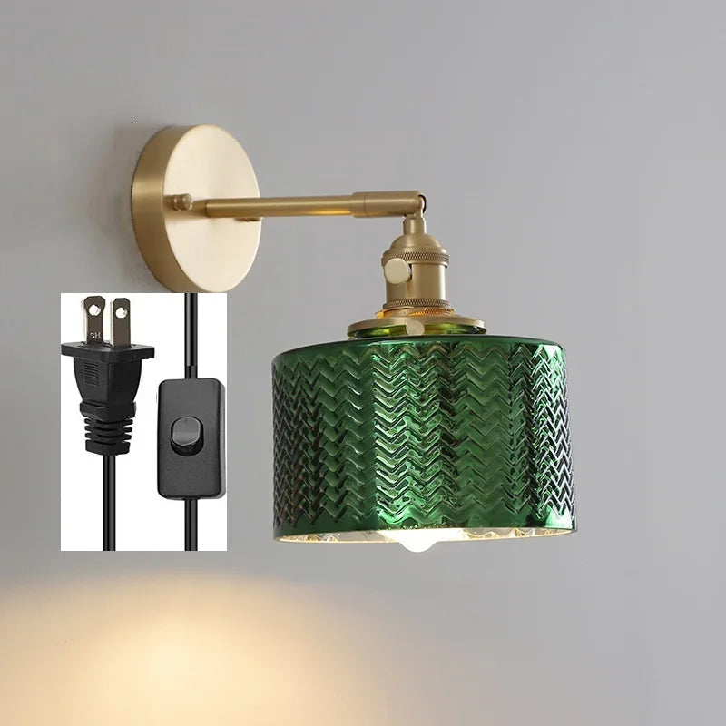 Green Glass LED Wall Light Fixtures Pull Chain Switch Copper Wandlamp Bedroom Bathroom Mirror Nordic Modern Wall Lamp