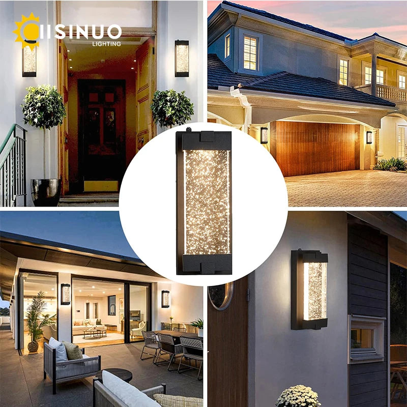 Exterior Black Wall Sconce K9 Crystal Bubble Dusk to Dawn Sensor 12.6" Wall Mounted Porch Light Fixtures for Gargen Villa Garage