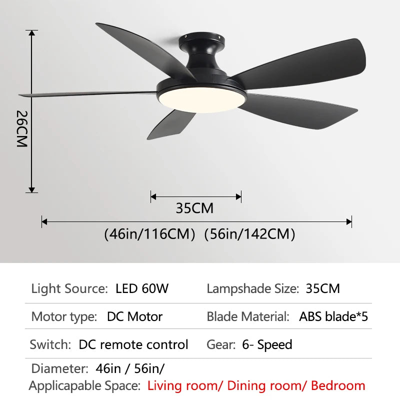 56Inch Low Floor Ceiling Fan Light Modern Black ABS Blade DC Remote Control Led Fan Lights Restaurant The bedroom 110V 220V