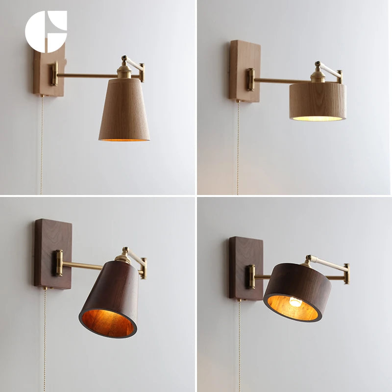 Walnut Ash Wood LED Wall Lamp Sconce Beside Pull Chain Switch Plug In Home Indoor Lighting Bathroom Mirror Stair Light