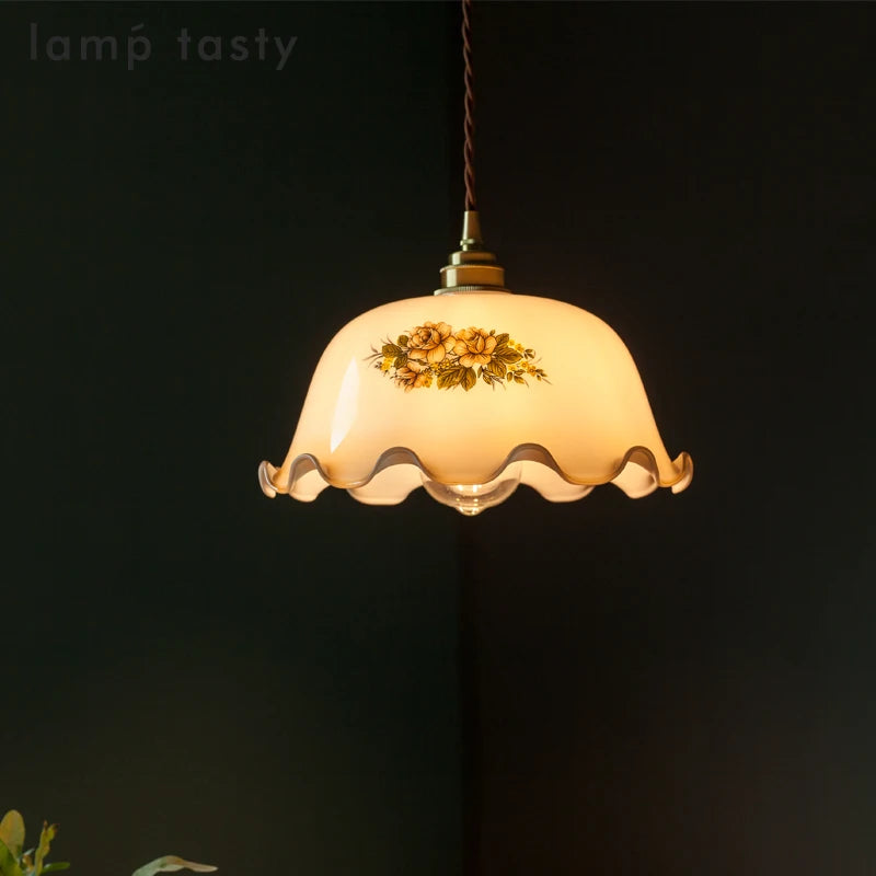 Flower Glass Vintage LED Pendant Lights Fixtures Restaurant Bedroom Living Room Light Copper Hanging Lamp Home Indoor Decor