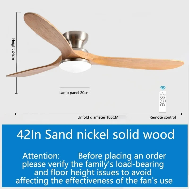 52inch Low Floor Ceiling Fan Light Remote Control Led Llights Indoor Restaurant Solid wood fan leaves With Fan Chandelier