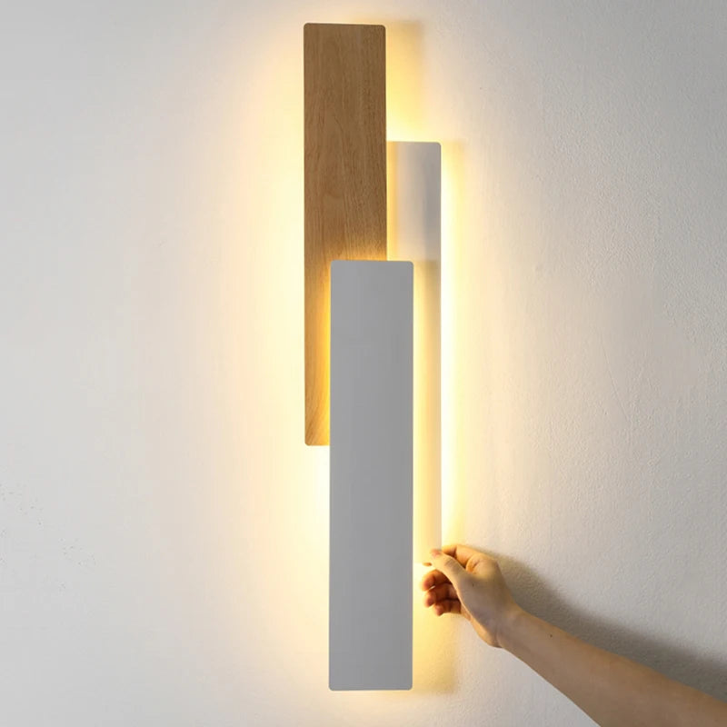 Modern Bedroom Living Room Wall Lamp Nature wood Walnut Color Rectangle Wall Light For Indoor Decorative Lighting Remote Control