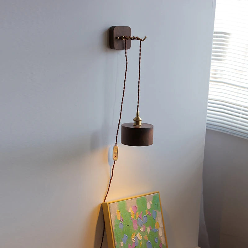 Walnut Wooden Copper LED Wall Light Fxitures Wandlamp Pull Chain Plug In Bedroom Living Room Beside Lamp Home Indoor Light