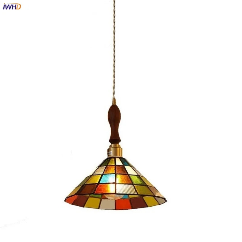 Walnut Wood LED Pendant Light Fixture Bar Living Room Restaurant Brass Vintage Colorful Glass Hang Lamp Lamparas Colgantes