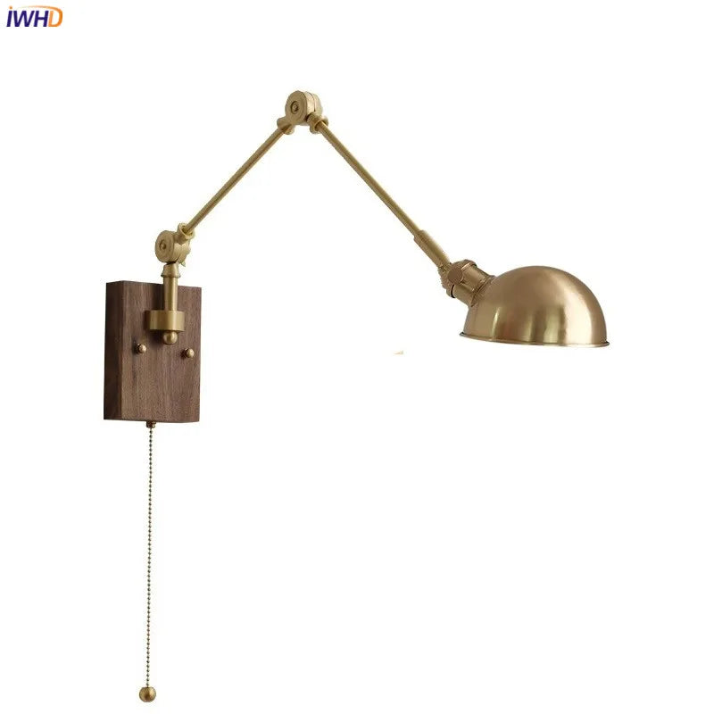 Nordic Modern Copper LED Wall Lamp Beside Pull Chain Switch Wooden Canopy Bedroom Bathroom Mirror Light Long Arm Wandlamp