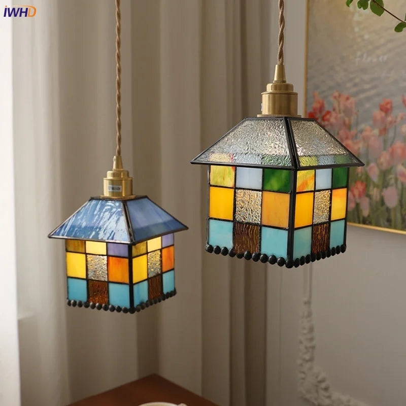 Colorful Cube LED Pendant Lamp Living Dining Room Balcony Vintage Loft Glass Kitchen Light Fixtures Copper Hanging Lights