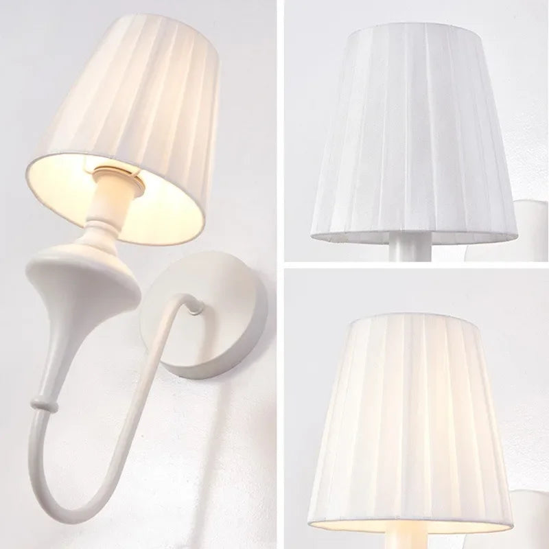 Nordic LED Room Light in The Bedroom Wrought Iron White Bedside Lamp Simple Fabric Wall Lamp