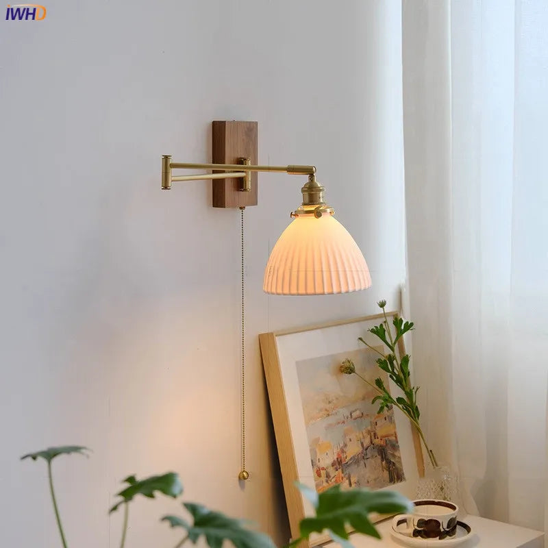 Walnut Canopy Copper LED Wall Lamp Beside Long Arm Left Right Rotate Ceramic Lampshade Bedroom Living Room Stair Light