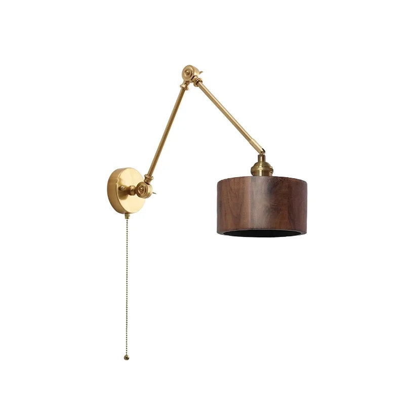 Copper Swing Long Arm LED Wall Light Sconce Pull Chain Switch Up And Down Bedroom Beside Lamp Nordic Modern Wooden Wandlamp