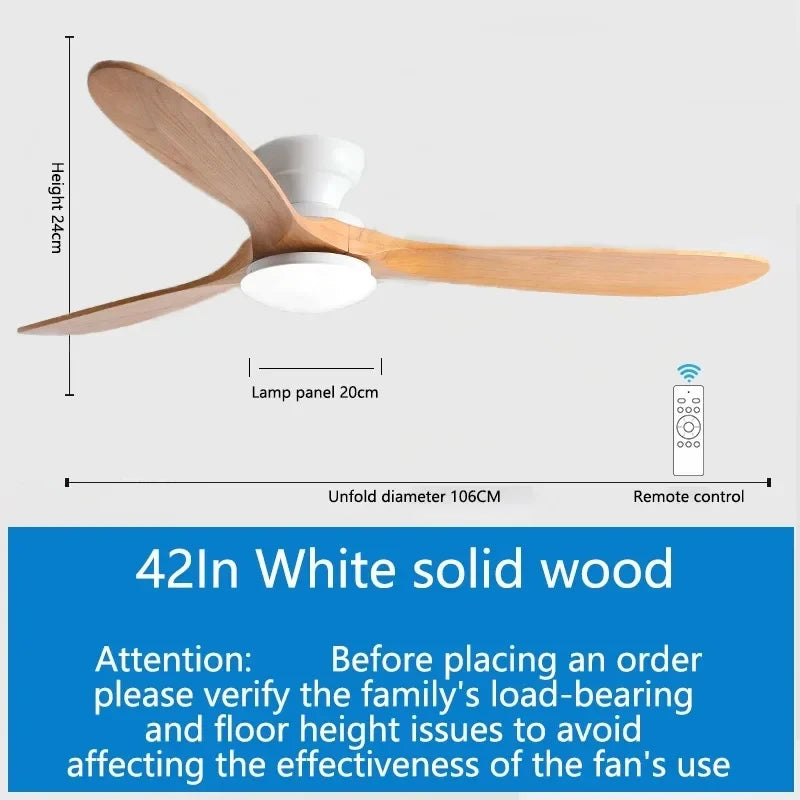 52inch Low Floor Ceiling Fan Light Remote Control Led Llights Indoor Restaurant Solid wood fan leaves With Fan Chandelier