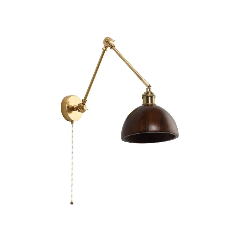 Copper Swing Long Arm LED Wall Light Sconce Pull Chain Switch Up And Down Bedroom Beside Lamp Nordic Modern Wooden Wandlamp