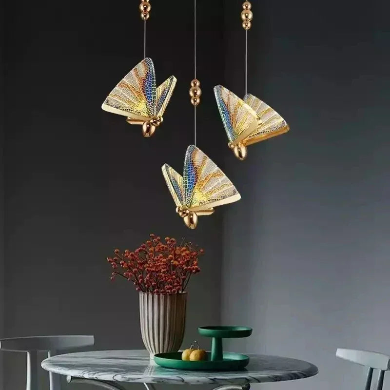 Modern LED Pendant Lights Luxury Creative Chandeliers Butterfly Single Double Head Nordic Bedside Long-line Hanging Lamp