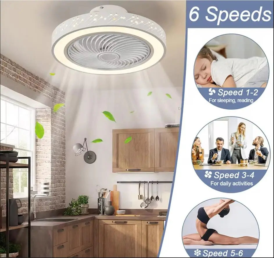 2 in 1 Modern Smart Ceiling Fan with Light Remote Control LED Dimmable 6 Speeds Timer Flush Mount Enclose Ceiling Fans Lamp 72W