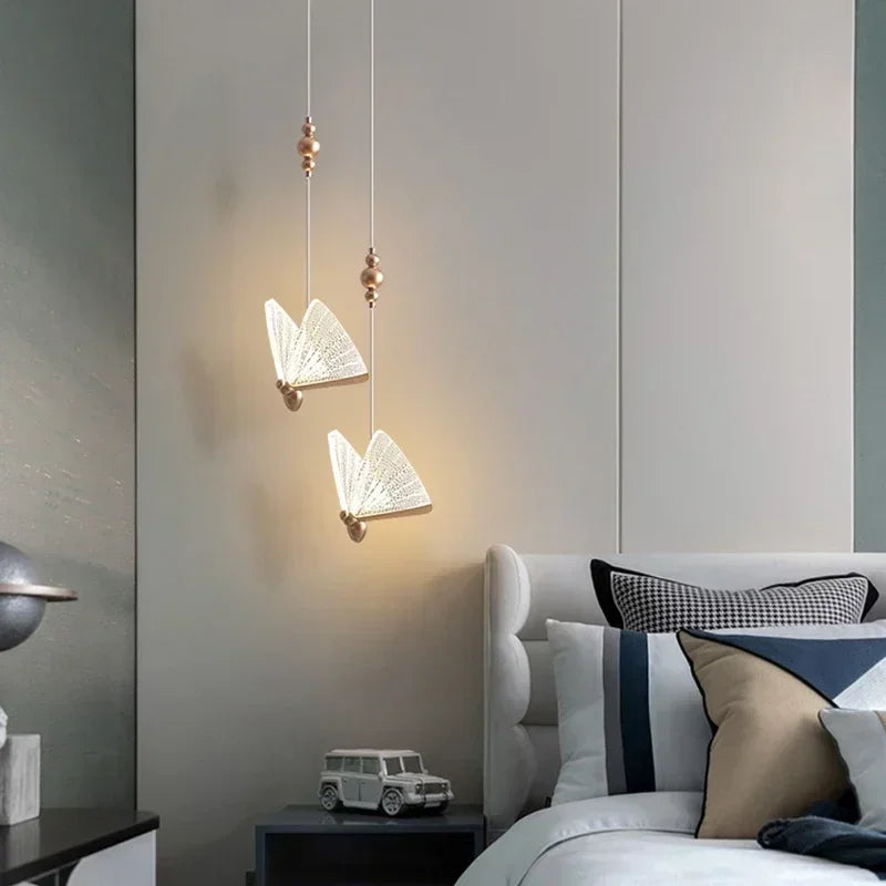 Modern LED Pendant Lights Luxury Creative Chandeliers Butterfly Single Double Head Nordic Bedside Long-line Hanging Lamp