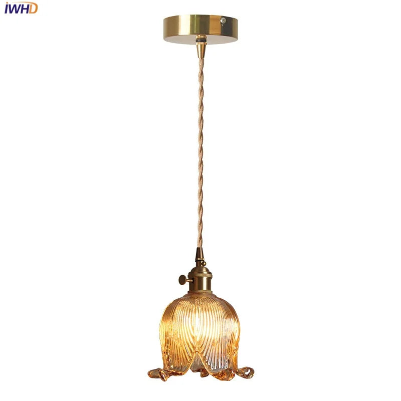 Amber Glass LED Pendant Light Fixture Study Dining Living Room Copper Modern Simple Adjustable Iron Canopy Hanging Lights