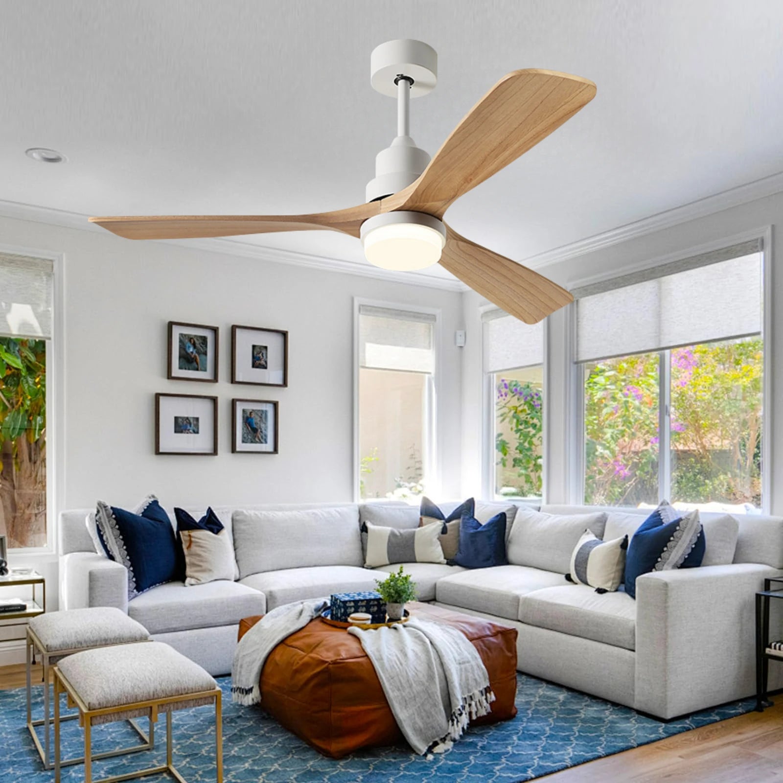 American Style 52 Inch Ceiling Fan with Light Real Wood Fan Blades 3-Color Dimmable, Ideal for Living Room or Balcony