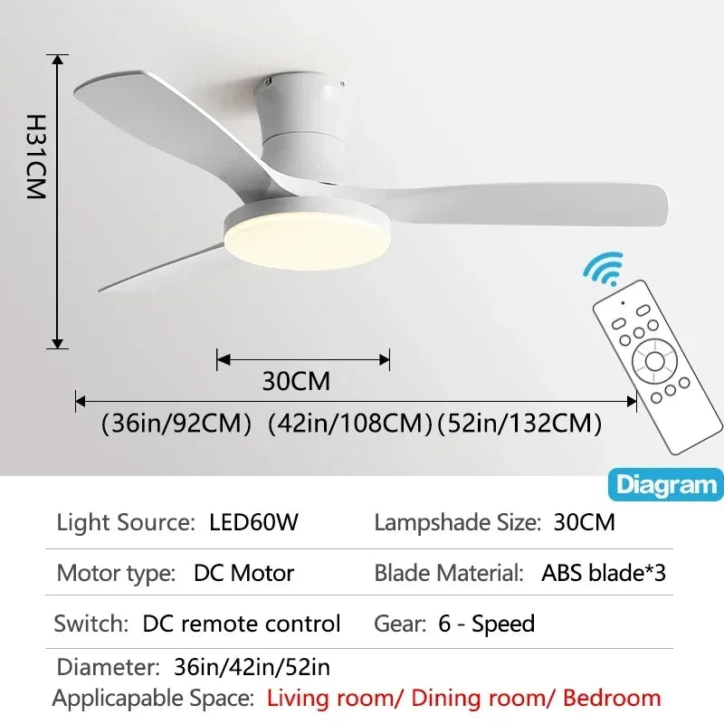 52 inch Low Floor Ceiling Fan 3 ABS Blade Ceiling Fan with Light And Remote Control Indoor Restaurant Electric Fan 110V 220V