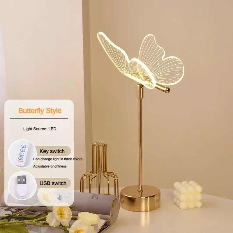 Table Lamp Retro Gold Acrylic Butterfly LED Desk Lamp Hotel Villa Art Decor LED Table Light Living Room Bedside LED Desk Lights