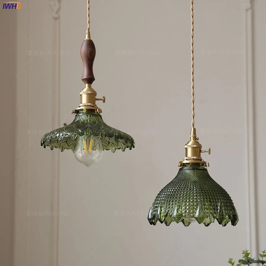 Modern Green Glass LED Pendant Lamp Beside Copper Wood Handle Bedroom Dinning Living Room Nordic Hanging Light Pendente