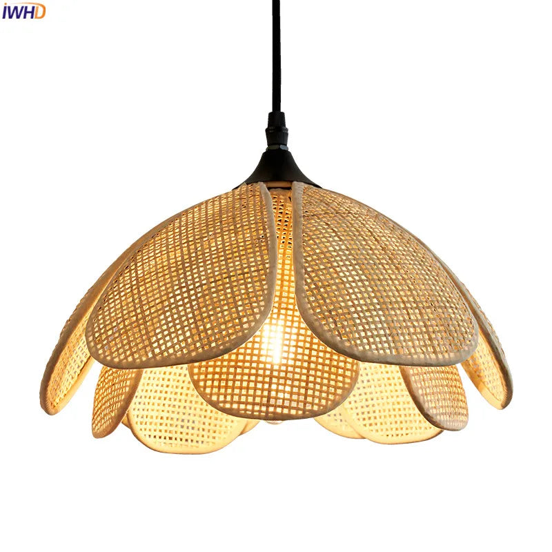 Rattan Wicker Petal LED Pendant Lights Fixtures Home Indoor Decor Bedroom Dining Living Room Light Japanese Style Hanglamp