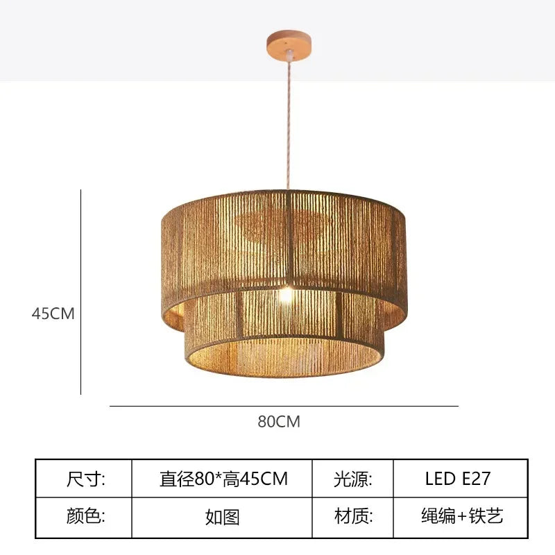 Retro Handmade Rattan Chandelier Hemp rope Woven Ceiling lamp for Bedroom Living room Country Style Decoration Ceiling light