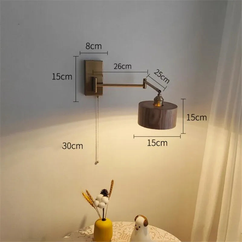 Left Right Rotate LED Wall Lamp Sconce Pull Chain Switch Bedroom Bathroom Mirror Stair Light Wooden Lampshade Wandlamp