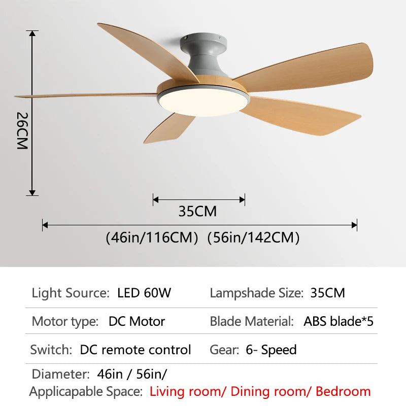 56Inch Low Floor Ceiling Fan Light Modern Black ABS Blade DC Remote Control Led Fan Lights Restaurant The bedroom 110V 220V