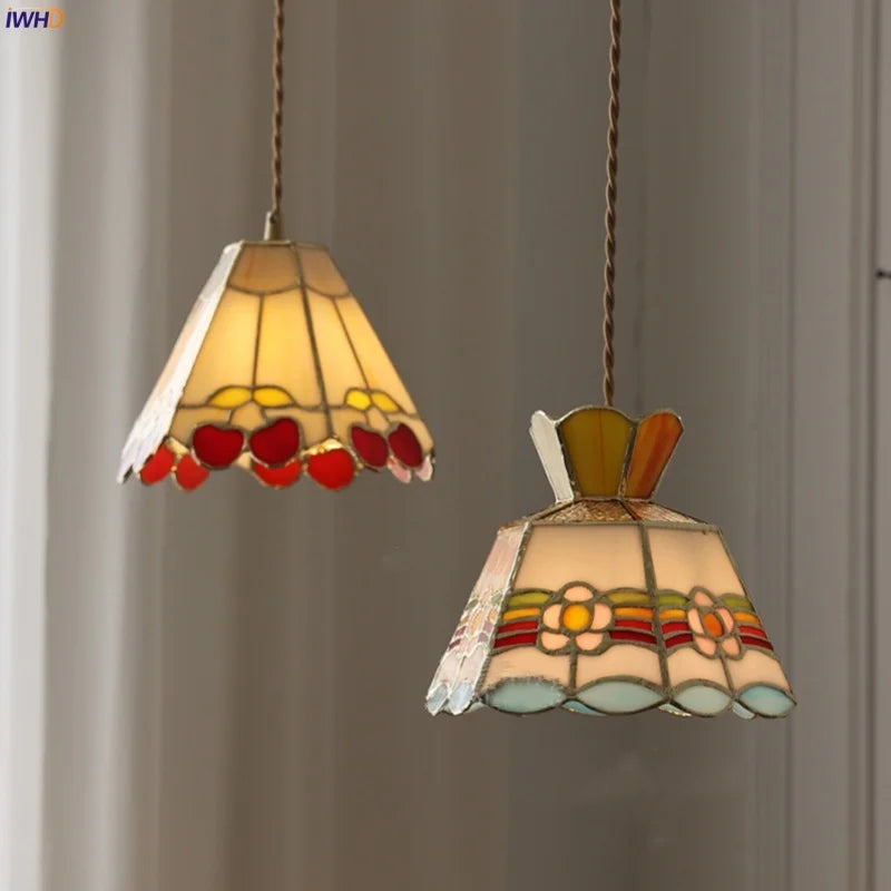 Flower Glass LED Pendant Light Fixture Restaurant Kitchen Cafe Colorful Nordic Modern Hanging Lamp Brass Dining Room Lights