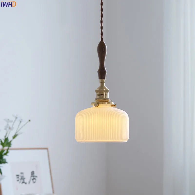 Hanglamp Wood Handle LED Pendant Lighting Fixtures Home Bedroom Living Room Light Nordic Modern Ceramic Copper Haning Lamp